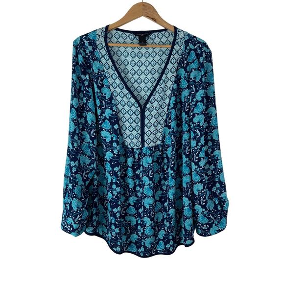 Investments II Womens Plus Blue Multi Colored V Neck Top 2X Lightweight Colorful - Picture 1 of 5